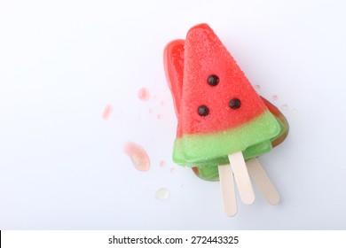 Watermelon Shaped Ice Cream Pops Stack On White Background