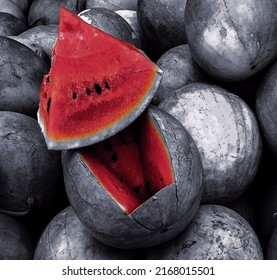 Watermelon Slice Color Splash Effect Black And White Photography 