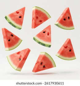 Watermelon slices floating on a white background isolated