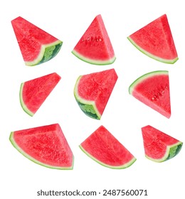 Watermelon slices isolated on white background. Water melon Pattern. Levitating Fresh juicy Watermelon pieces closeup. - Powered by Shutterstock