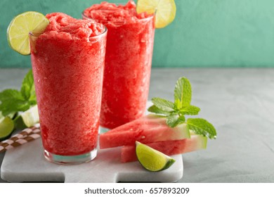 Watermelon Slushie With Lime, Summer Refreshing Drink In Tall Glasses