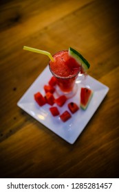 Watermelon Smoothie In Glass. Watermelon Juice On The Wood Table Peak Angle.