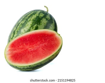 Watermelon  Sonya Plus, Cut In Half, Seeing Red Flesh. Juicy. Isolated On A White Background.(photoshoot In The Studio)