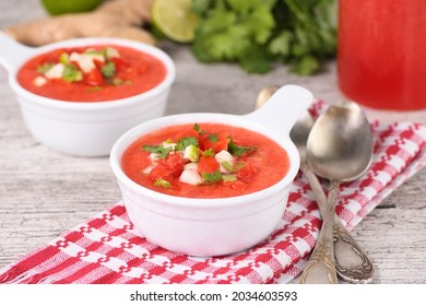 Watermelon Tomato Gazpacho In Bowls. Traditional Spanish Cold Soup.