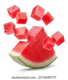 Watermelon triangle piece  and watermelon cubes levitating in air on it isolated on white background. File contains clipping paths.