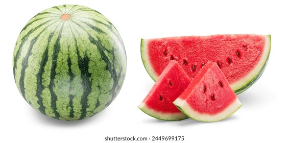 Watermelon and water melon slices isolated on white background. Clipping paths.
