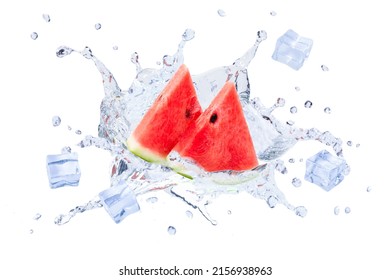 Watermelon in water splash with ice cubes isolated on white background.