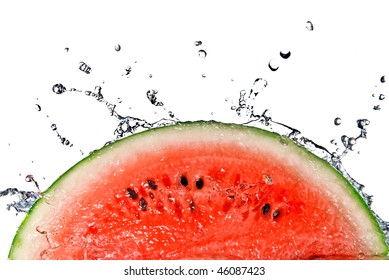 Watermelon And Water Splash Isolated On White