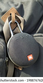 Waterproof Round Bluetooth-speakers JBL Clip 3 In Black Color With A Carabiner. Digital Music And Audio Concept. Mini, Suitable For Travel. Ukraine, Kiev - June 09, 2021