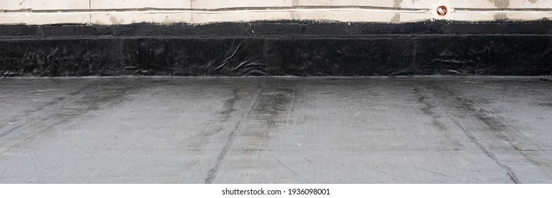 Waterproofing Flat Roof Terrace With Roll Bitumen. Roof Waterproofing. Bitumen Insulating Layer. Covering Roofing Material. Flat Roof Installation. Roofing Felt