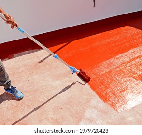 Waterproofing The House Terrace With Red Rubber Waterproof Coating Paint. 