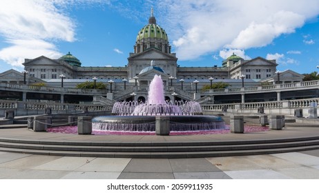 The waters of the Pennsylvania Capitol Fountain, located outside the East Wing of the State Capitol in Harrisburg,  are dyed pink signifying the  Breast Cancer Awareness Month in October.