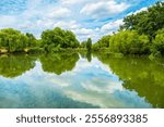 Waterscape of Mount Pond in Clapham Common park. London. England, UK