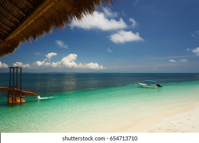 Waterslide On The Beach With White Sandy And Crystal Water Seen From Above. Rawa Island ,Malaysia .