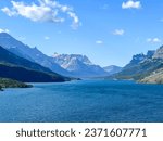 Waterton Park, AB Canada - May 30, 2023: The Waterton Lake view from the Prince of Wales Hotel at Waterton Lake National Park in Waterton Park, AB Canada.