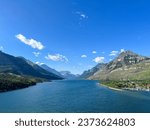 Waterton Park, AB Canada - May 30, 2023: The Waterton Lake view from the Prince of Wales Hotel at Waterton Lake National Park in Waterton Park, AB Canada.