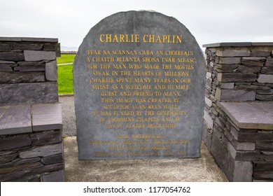 Waterville, Republic of Ireland - August 17th 2018: A plaque located at the statue of actor Charlie Chaplin in the village of Waterville, Ireland.  Chaplin stayed in the village on numerous occassions