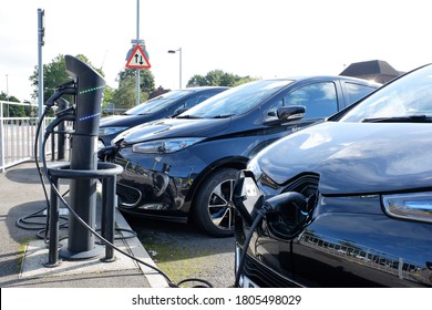 Watford, Hertfordshire, England, UK - August 30th 2020: E-car hire vehicles at electric charging points at Watford Town Hall car park