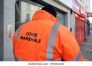 Watford, Hertfordshire, England, UK - February 5th 2021: Covid Marshall On Patrol In Watford Town Centre