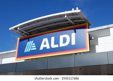 Watford, Hertfordshire, England, UK - March 13th 2021: Aldi sign at retail park store