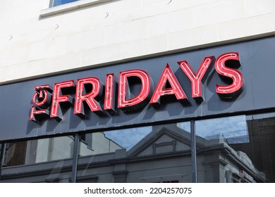 Watford, Hertfordshire, England, UK - September 20th 2022: TGI Fridays Exterior And Logo. TGI Friday's Is An American Restaurant Chain Focusing On Casual Dining.