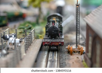 Watford, Hertfordshire / UK - April 29 2019: 60th Birthday Of The Miniature Railway In Cassiobury Park, Watford. South West Herts Model Railway Society, Train Set Up In Cassiobury Park Hub.