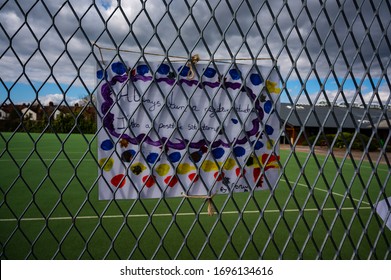 WATFORD, HERTFORDSHIRE, UK - APRIL 6 2020: A drawing attached to a fence of Chater Junior School in Watford to show support and appreciation for key workers and the NHS during coronavirus. 