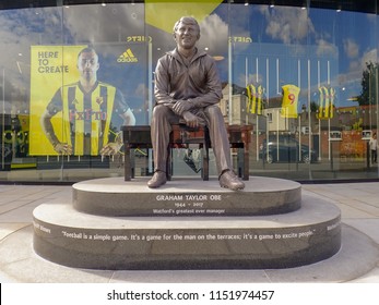 Watford, Hertfordshire, UK - August 8th 2018: Commemorative Statue Of Graham Taylor OBE, Former Manager Of Watford Football Club, Vicarage Road Stadium, Watford