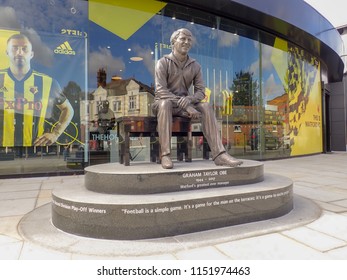 Watford, Hertfordshire, UK - August 8th 2018: Commemorative Statue Of Graham Taylor OBE, Former Manager Of Watford Football Club, Vicarage Road Stadium, Watford