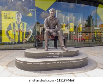 Watford, Hertfordshire, UK - August 8th 2018: Commemorative Statue Of Graham Taylor OBE, Former Manager Of Watford Football Club, Vicarage Road Stadium, Watford