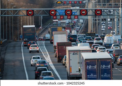 WATFORD, UK - MARCH 08, 2018: Evening Traffic Jam On British Motorway M1