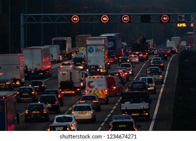 WATFORD, UK - NOVEMBER 15, 2018: Evening Traffic Jam On British Motorway M1