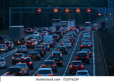 WATFORD, UK - SEPTEMBER 24, 2017: Evening Traffic Jam On British Motorway M1.M25/M1 Junction.