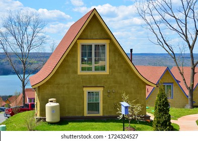 Watkins Glen, New York, US - May 3, 2020: 
La Bourgade On Seneca Lake,  The Finger Lakes' Newest Tiny House Community. Colorful Small Home Community.