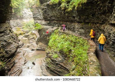 Watkins Glen, New York, USA - 9/29/2010: Tourists Hiking Ta Trail In Watkins Glen State Park.  It Is Located Outside The Village Of Watkins Glen In New York's Finger Lakes Region