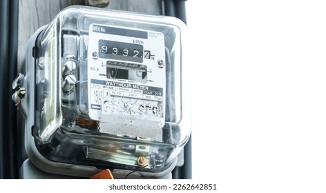 Watt hour meter. Electric power box meter measuring power usage in home. Watt hour electric meter measurement tool at pole for house use. Watt hour meter for reading home electricity consumption. - Shutterstock ID 2262642851