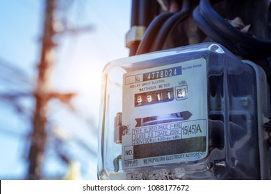 Watthour meter of electricity for use in home appliance.This is a modern technology that can monitor the home's electrical energy consumption.Electronics - Shutterstock ID 1088177672