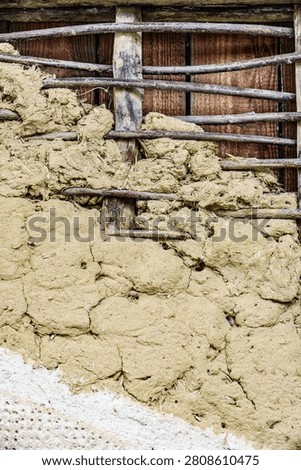 Wattle and daub wall featuring exposed wooden sticks and earth plaster, creating a rustic, ancient background texture