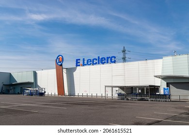 Wattrelos,France-February 21,2021: View of E.Leclerc supermarket logo and parking.E.Leclerc is a international French chain of supermarkets and grocery and industrial hypermarkets,founded in 1949.