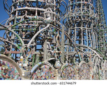 Watts, California USA - September 18, 2016: Watts Towers By Simon Rodia, Towers And Wall Decoration Details