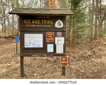 Waupaca, Wisconsin, U.S.A.  March, 22, 2021   Hartman Creek Section Sign Of The Ice Age National Scenic Trail