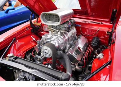 Wausau, Wisconsin / USA - June 28th, 2020: 1960s 427 Red Chevrolet Camaro Sits At Willow Springs Garden Vintage Car Show. 