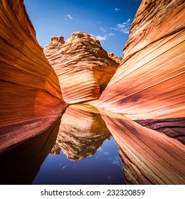 The Wave In Arizona, Amazing Sandstone Rock Formation Reflecting On Water In The Rocky Desert Canyon.