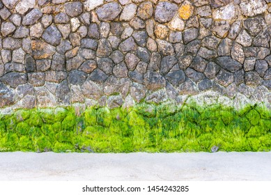 A Wave Barrier From The Sea, Natural Stone Wall With Lemongrass Is Located On The Beautiful White Sand Beach Of Hua Hin, Thailand.