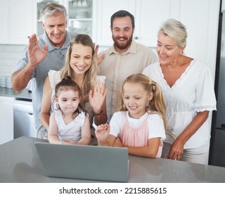 Wave, Children And Happy Family On Laptop Video Call For Communication, Conversation Or Relax In Home Kitchen. Mom, Dad And Grandparents Or Big Family Hello On Video Conference Chat Or Online Contact