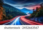 Wave motion speed red and blue lighting background, the movement of the lights with curve in showing road or highway with forest mountain