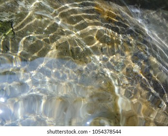 Wave patterns in water, Reflections from water, Algae inside water, Stone, Texture, Air Bubbles, Abstract background and light. 