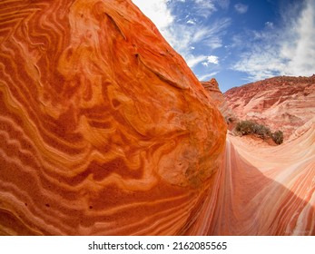 The Wave, a sandstone rock formation located in Arizona near its northern border with Utah. Located on the slopes of Coyote Buttes in the Paria Canyon-Vermilion Cliffs Wilderness of the Colorado