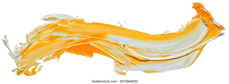 Wave of yellow and white oil brush hand drawn stroke. Abstract varnish splash trace shape. Glossy oil paint smear long line isolated on white background.
