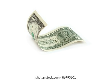 Waved one dollar bill on white background. Isolated with clipping path